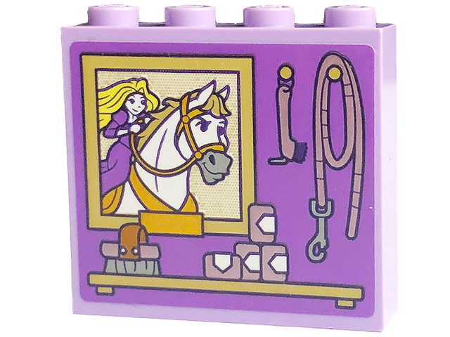 Lego Brick 1 x 4 x 3 with Picture with White Horse and Rapunzel, Leash, and Brush on Shelf Pattern (Sticker) - Set 43195 / Lavender