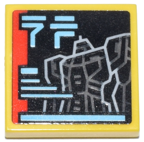 Lego Tile 2 x 2 with Mech, Red Rectangle, Medium Azure Lines and Ninjago Logogram 'NP' Pattern (Sticker) - Set 71837