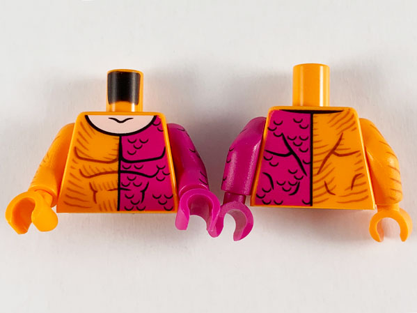 Lego Torso Super Hero Muscles Outline, Magenta Left Side with Scales, Light Nougat Neck Pattern / Magenta Arm Left with Black Scales Pattern / Orange Arm Right with Brown Stripes Pattern / Magenta Hand Left / Orange Hand Right