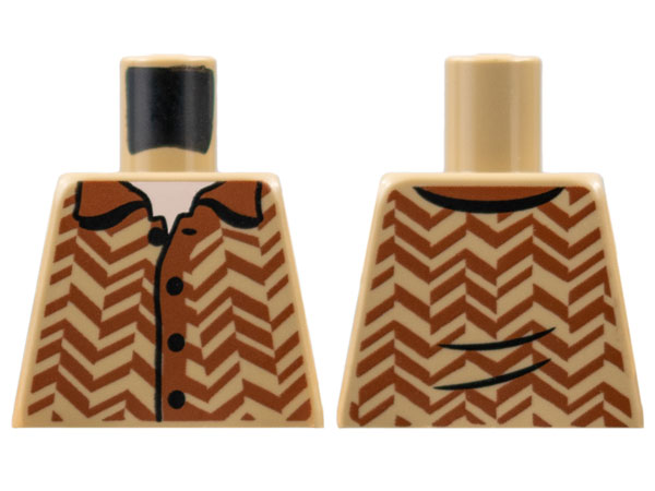Lego Torso Shirt with 4 Black Buttons, Reddish Brown Collar and Zigzag Stripes, Light Nougat Neck Pattern / Dark Tan