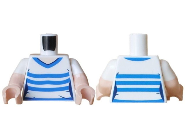 Lego Torso Female T-Shirt, Light Nougat Neck, Blue Collar and Stripes Pattern / Light Nougat Arms with Molded White Short Sleeves / Light Nougat Hands