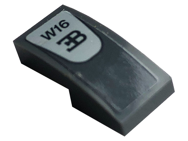 Lego Slope, Curved 2 x 1 x 2/3 with Bugatti Logo and 'W16' Pattern (Sticker) - Set 42083 / Dark Bluish Gray