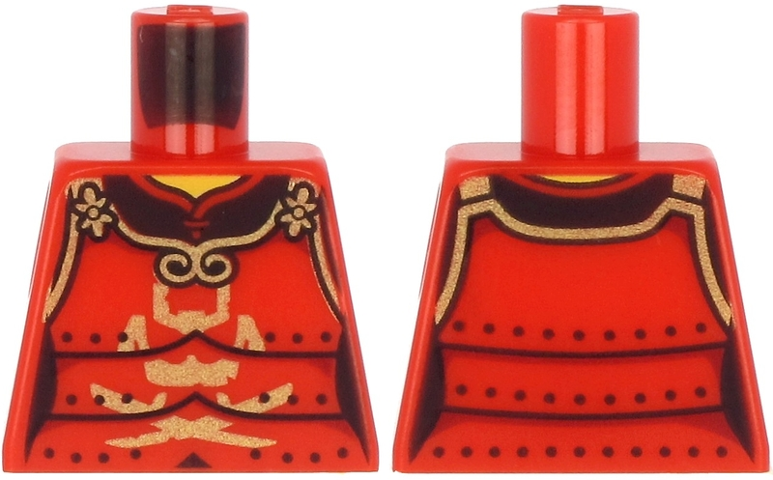 Lego Torso Samurai Armor in 3 Sections, Gold Clasps and Trim and Horns, Visor and Crossed Swords Pattern / Red