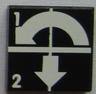 Lego Tile 2 x 2 with White Arrows Curved Counterclockwise and Down, Numbers 1 and 2 Pattern (Sticker) - Set 8094 / Black