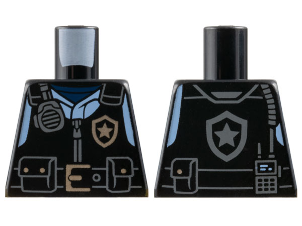Lego Torso Police Safety Vest, Silver Star Badge Logo, Dark Bluish Gray Radio, Belt with Buckle and Pouches, Bright Light Blue Shirt Pattern / Black