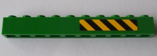 Lego Brick 1 x 10 with Black and Yellow Danger Stripes Pattern Right Side (Sticker) - Set 7939 / Green