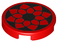Lego Tile, Round 2 x 2 with Bottom Stud Holder With Black Floral Outline Pattern / Red