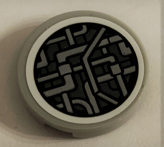 Lego Tile, Round 2 x 2 with Bottom Stud Holder with SW Millennium Falcon Light Bluish Gray Pipes Pattern (Sticker) - Set 75212
