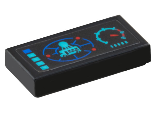 Lego Tile 1 x 2 with Control Panel with Battle Bus on Blue Radar Screen, Medium Azure and Red Speedometer, Buttons and Dots Pattern (Sticker) - Set 77073 / Black