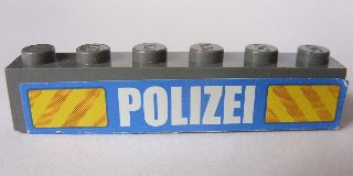 Lego Brick 1 x 6 with White 'POLIZEI' Bold Narrow Font and Yellow Diagonal Stripes on Blue Pattern (Sticker) - Set 7743 / Dark Bluish Gray