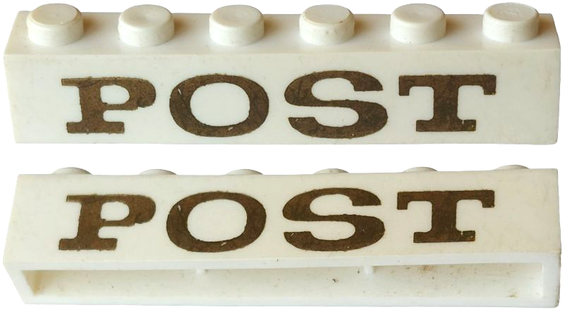 Lego Brick 1 x 6 without Bottom Tubes with Cross Side Supports with Dark Gold 'POST' Serif Bold Pattern / White