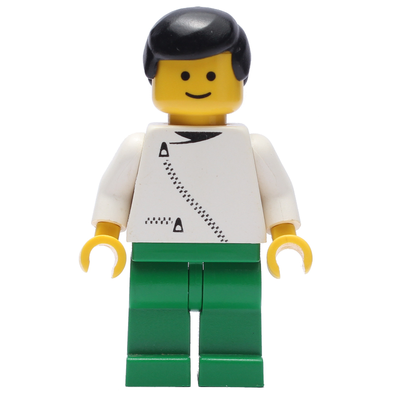 Lego Man, White Jacket with Zipper, Green Legs, Black Hair