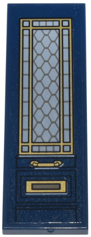 Lego Tile 2 x 6 with Door, Light Bluish Gray Lattice Window with Gold Frame, Handle and Mail Slot Pattern Model Left Side (Sticker) - Set 76218 / Dark Blue