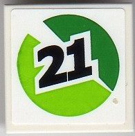 Lego Tile 2 x 2 with Black '21' on Green and Lime Circle Pattern Model Right Side (Sticker) - Set 8899 / White
