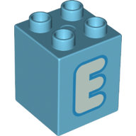 Lego Duplo Brick 2 x 2 x 2 with Light Aqua 'E' Print / Medium Azure