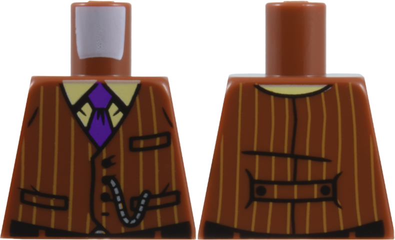 Lego Torso Pinstripe Suit Jacket with Medium Nougat Lines, Tan Shirt, Dark Purple Tie, Silver Chain, Black Pockets, Buttons, and Creases Pattern / Reddish Brown