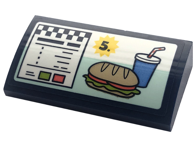 Lego Slope, Curved 2 x 4 x 2/3 with Bottom Tubes with Menu with Drink, Sandwich, '5.' and Checkered Stripe on White Background Pattern (Sticker) - Set 41728 / Dark Blue