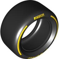 Lego Tyre 81.6 x 44 Slick with Yellow 'PIRELLI', 'P ZERO' print / Black