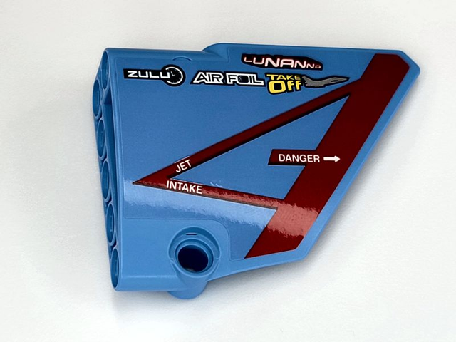 Lego Technic, Panel Fairing #14 Large Short Smooth, Side B with Dark Red Triangle and White 'DANGER' 'JET INTAKE' with Logos Pattern (Sticker) - Set 42066 / Medium Blue