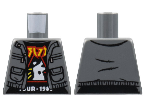 Lego Torso Jacket, Black Band Tour Shirt, Red and Yellow Lettering, White Logo and 'TOUR 198' Pattern / Dark Bluish Gray