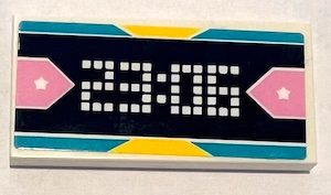 Lego Tile 2 x 4 with Black Screen with White '23:06', Bright Pink Trapezoids with Stars, and Yellow and Medium Azure Border Pattern (Sticker) - Set 41372