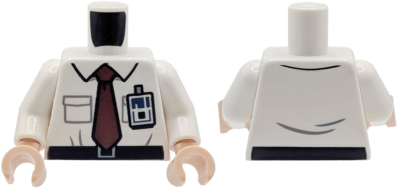 Lego Torso Shirt with Collar, Light Bluish Gray Pockets, Dark Red Tie, Black Belt with Silver Buckle, ID Badge Pattern / White Arms / Light Nougat Hands