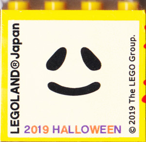 Lego Brick 2 x 4 x 3 with LEGOLAND Japan, '2019 HALLOWEEN', and Ghost Face Pattern / Yellow