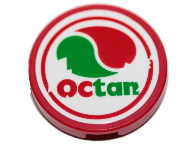 Lego Tile, Round 2 x 2 with Bottom Stud Holder with Octan Logo Pattern (Sticker) - Set 70823 / Red