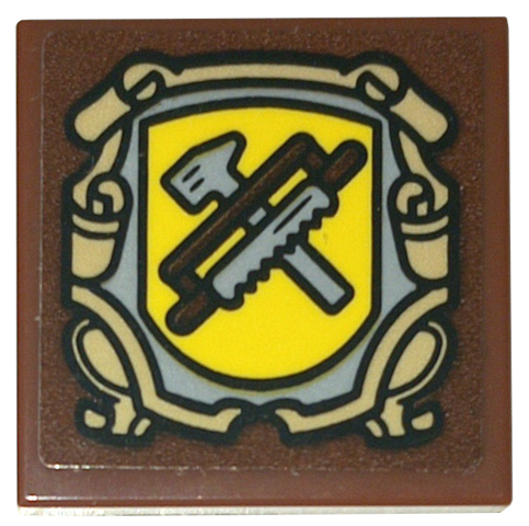 Lego Tile 2 x 2 with Yellow Shield, Tan Frame and Saw and Hammer Pattern (Sticker) - Set 10332 / Reddish Brown