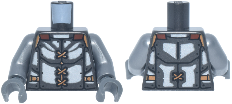 Lego Torso Armor with Silver Panels, Reddish Brown and Medium Nougat Straps and Ties Pattern / Flat Silver Arms / Dark Bluish Gray Hands