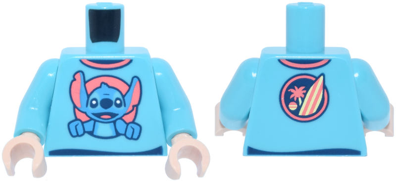 Lego Torso Shirt with Dark Blue and Coral Trim, Circle, Stitch and Surfboard and Palm Tree on Back Pattern / Medium Azure Arms / Light Nougat Hands