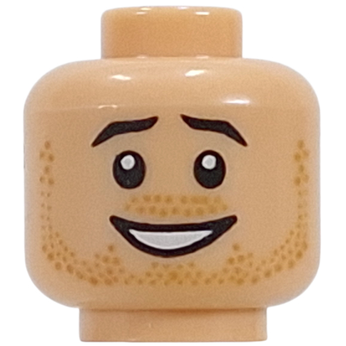 Lego Minifig Head Lord Farquaad, Black Eyebrows, Nougat Stubbles, Mean, Lopsided Smile / Worried