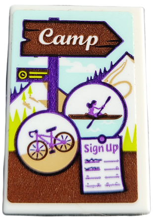 Lego Tile 2 x 3 with Bicycle, Canoe, 'Sign Up' Poster and 'Camp' on Reddish Brown and Dark Purple Sign Pattern (Sticker) - Set 41679 / White