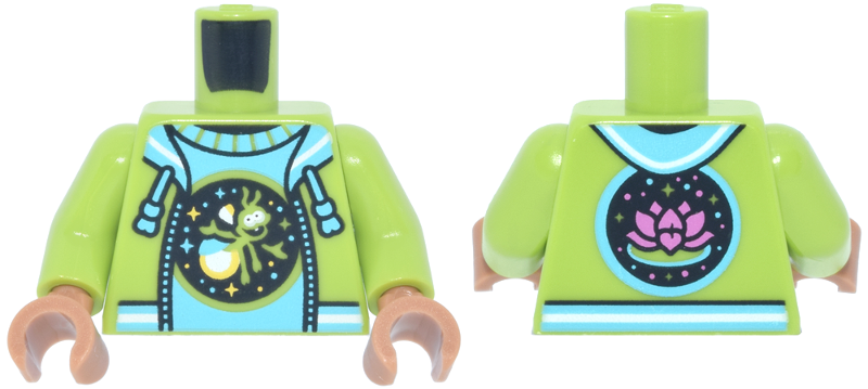 Lego Torso Sweater with Ant, Hoodie Open with Medium Azure and White Striped Trim and Dark Pink Water Lily on Back Pattern  / Lime Arms / Medium Nougat Hands