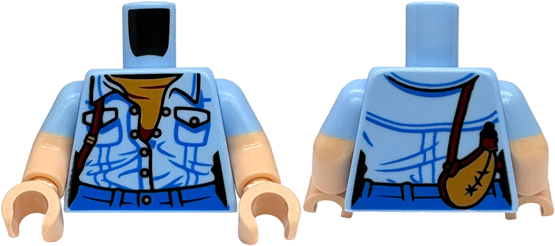 Lego Torso Female Denim Shirt Partially Open, Medium Nougat Undershirt, Canteen with Dark Red Strap, Blue Pants Pattern / Light Nougat Arms with Molded Bright Light Blue Short Sleeves Pattern / Light Nougat Hands