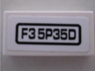Lego Tile 1 x 2 with Black 'F3 5P35D' on White Background Pattern (Sticker) - Set 8495 / White