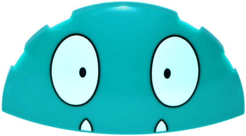 Lego Brick, Round 3 x 6 x 1 Dome Half with Black and White Eyes and Fangs Pattern (Pokémon Munchlax Face) / Dark Turquoise