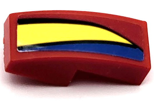 Lego Slope, Curved 2 x 1 x 2/3 with Blue and Yellow Curved Stripes with Black Lines Pattern Model Right Side (Sticker) - Set 75889 / Red