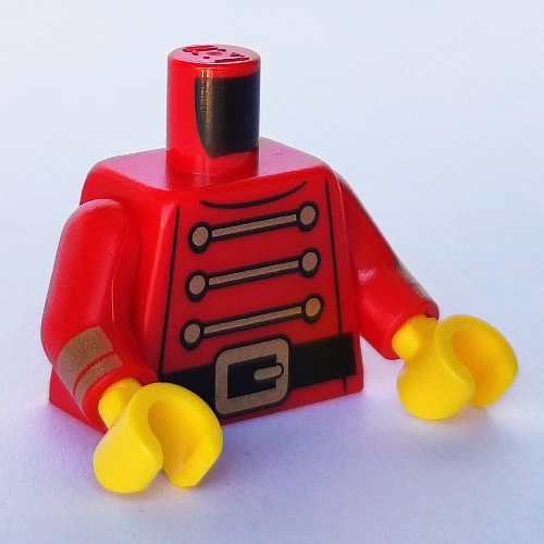 Lego Torso Jacket, Soldier Uniform with Gold Laces, Black Belt print, Red Arms, Yellow Hands / Red
