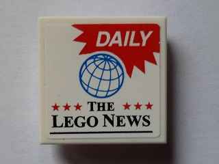 Lego Tile, Modified 2 x 2 Inverted with White 'DAILY' on Red Background, Blue Globe, 6 Red Stars and 'THE LEGO NEWS' Pattern (Sticker) - Set 60097 / White
