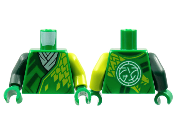 Lego Torso Tunic White Scarf, Dark Green Trim, Lime Dragon Scales, Core Logo on Back Pattern / Lime Arm Left / Dark Green Arm Right / Green Hands