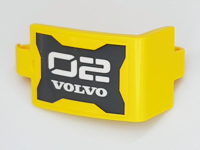 Lego Technic, Panel Curved 3 x 5 x 3 with White '02 VOLVO' on Black Background Pattern (Sticker) - Set 42081