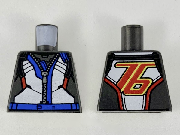 Lego Torso Jumpsuit with White Front Panel, Blue Along Silver Zipper, Red '76' on Back Pattern / Pearl Dark Gray