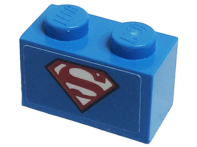 Lego Brick 1 x 2 with Red, White, and Black Superman 'S' Logo Pattern (Sticker) - Set 41233 / Dark Azure