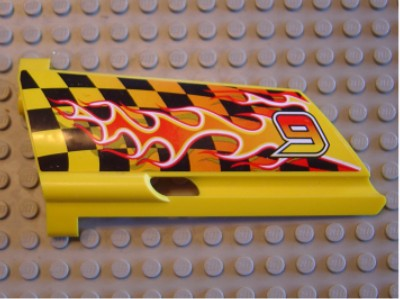 Lego Technic, Panel Fairing #21 Large Long, Small Hole, Side B with '9' and Flame Pattern (Sticker) - Set 8376 / Yellow