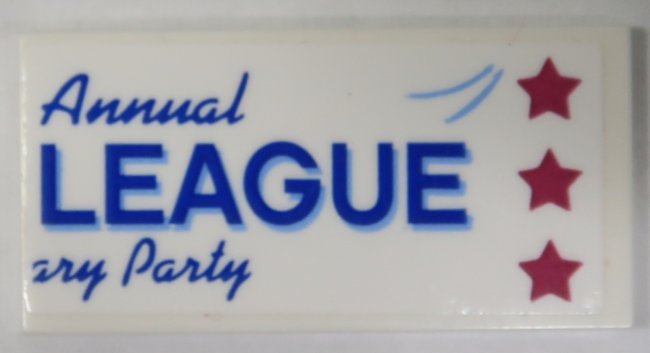 Lego Tile 2 x 4 with Blue 'Annual LEAGUE ary Party' Banner with 3 Magenta Stars Pattern (Sticker) – Set 70919 / White