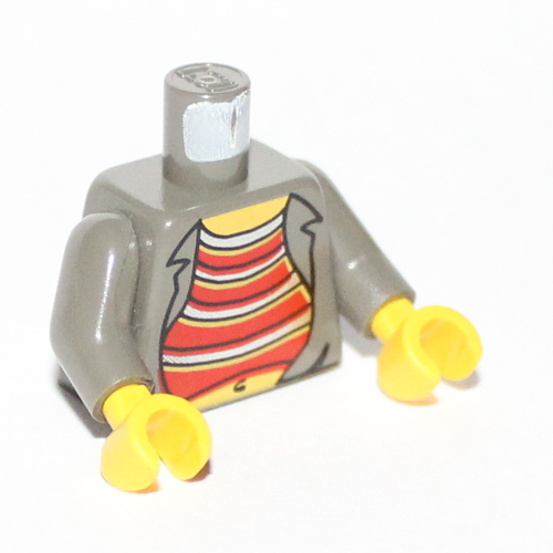 Lego Torso Open Shirt with Red and Silver Striped Undershirt and Navel Print, Dark Gray Arms, Yellow Hands