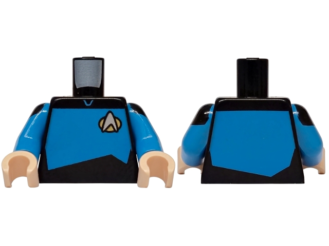 Lego Torso Uniform Vest with Gold and Silver Star Trek Starfleet Insignia, Dark Azure Front and Back Panel Pattern / Dark Azure Arms with Black Shoulders Pattern / Light Nougat Hands