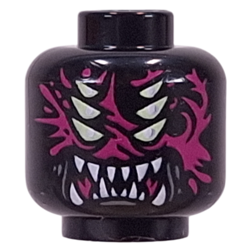Lego Minifig Head Arika, 6 Yellowish Green Eyes, Magenta Patterns, White Sharp Teeth/Fangs Print / Black