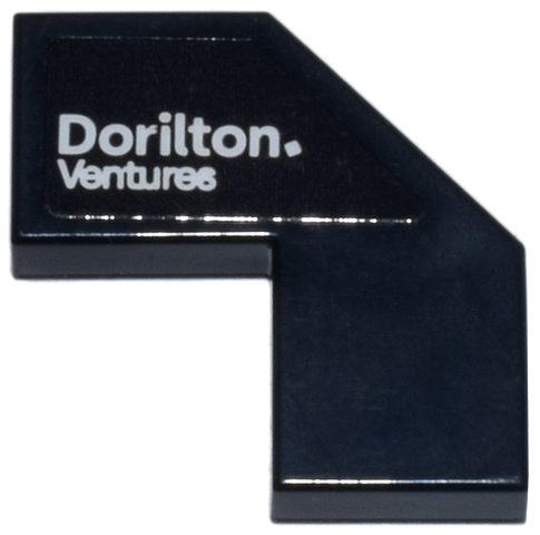 Lego Tile, Modified Facet 2 x 2 with White 'Dorilton Ventures' Pattern Model Right Side (Sticker) - Set 77249 / Black